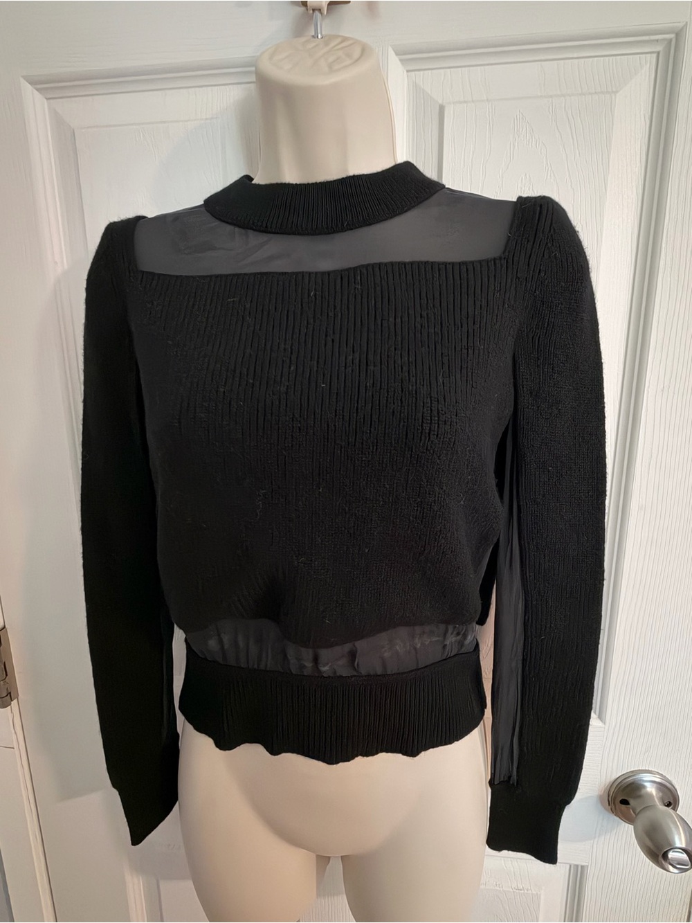 rag & bone Black Knit Sheer Mesh Inset Mock Neck Sweater - Size XXS